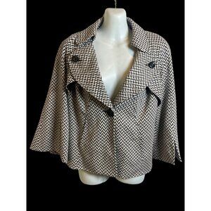Kate Unger Button Collar Retro Cape Jacket Herringbone Black White Size 10